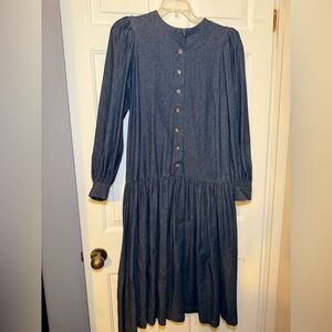 J Jill Ltd Denim Drop Waist Dark Blue Prairie Dress Size Small Midi Vintage